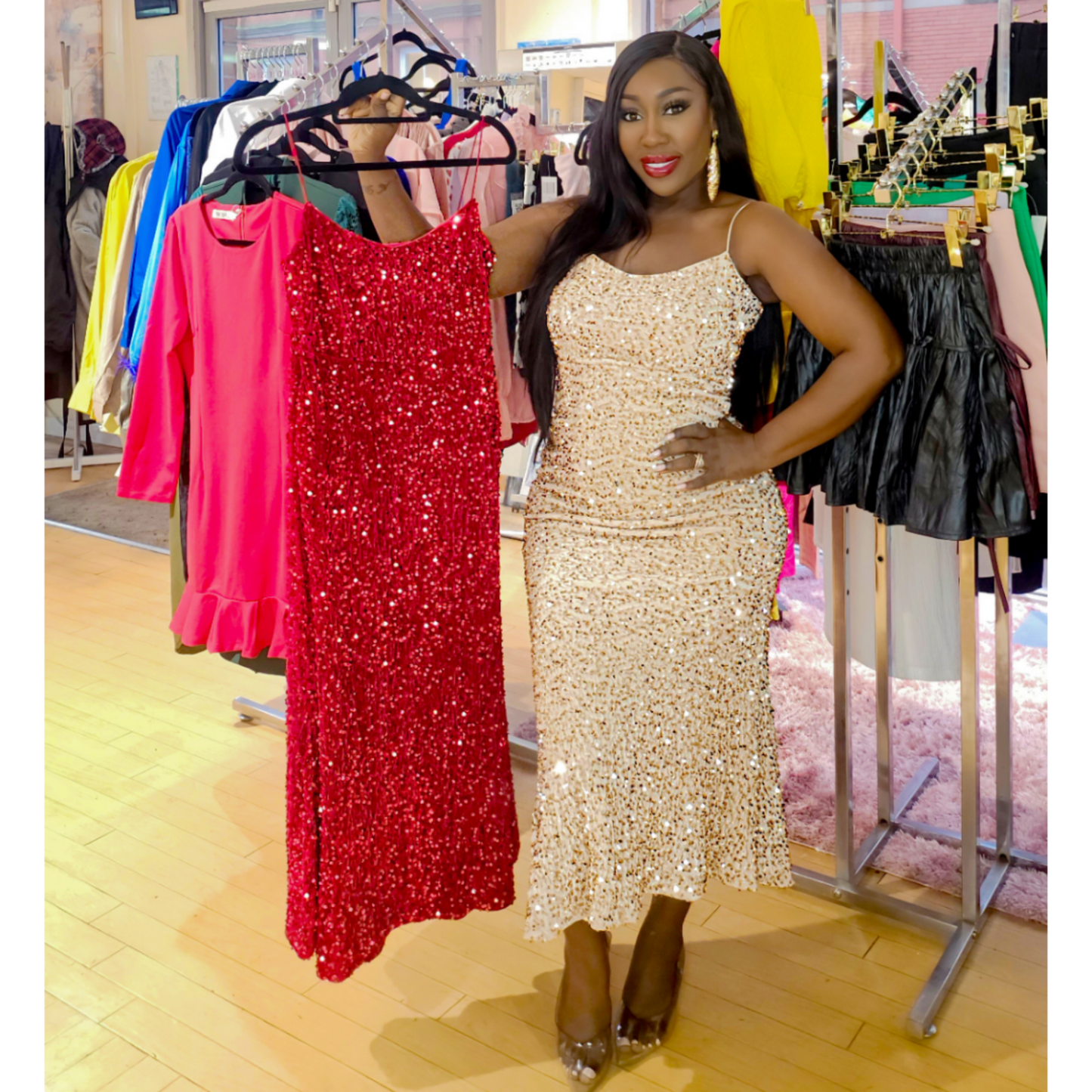 Red Sequin Midi Dress