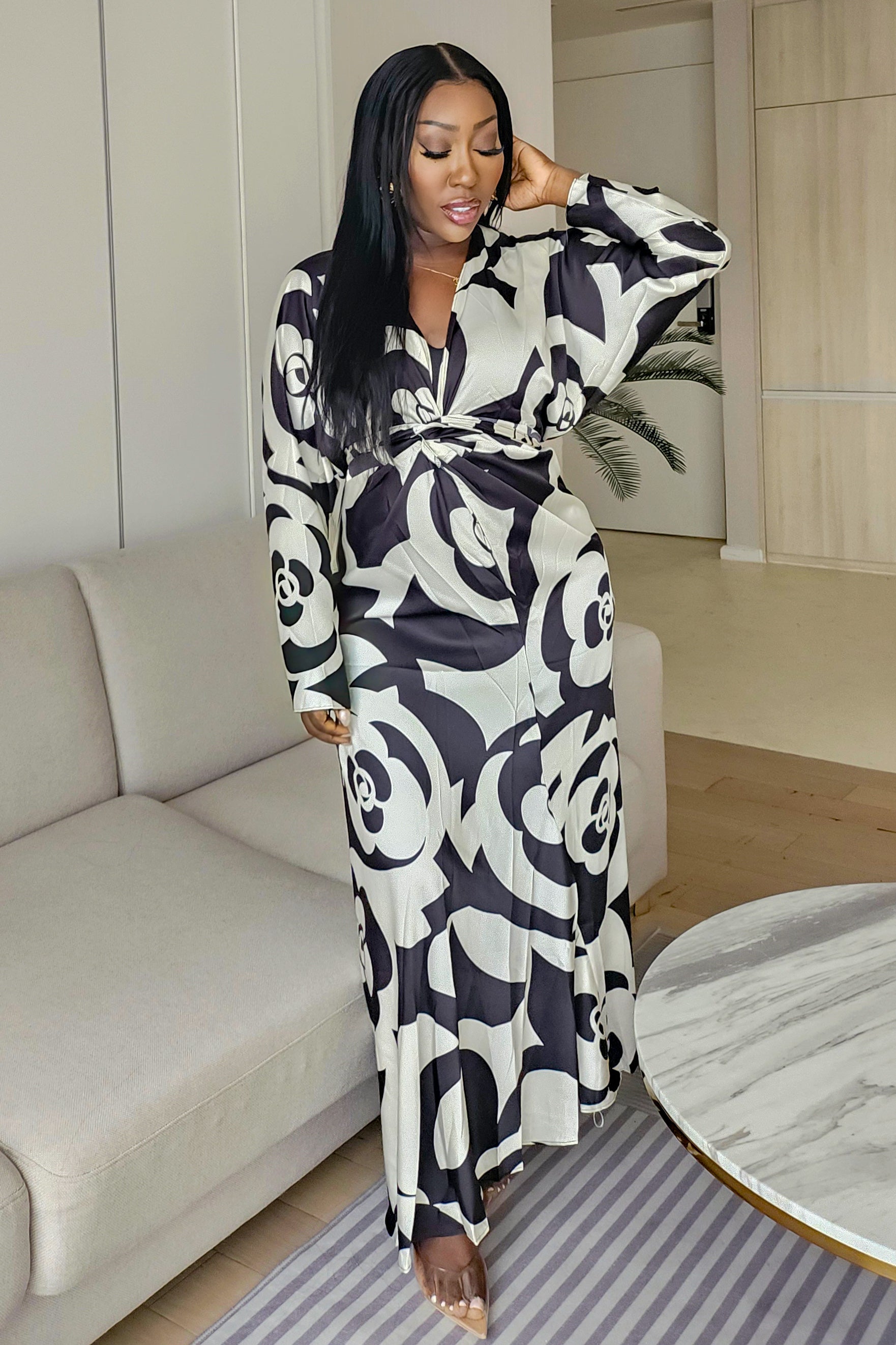 Black & White Print Satin Dress