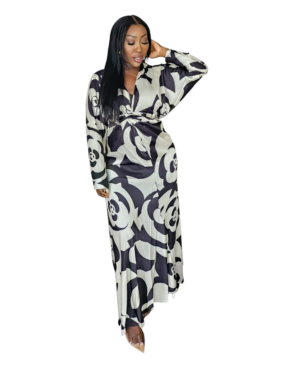 Black & White Print Satin Dress