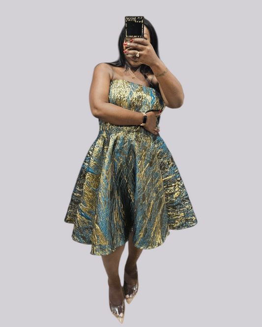 Strapless A-line Green & Gold Dress