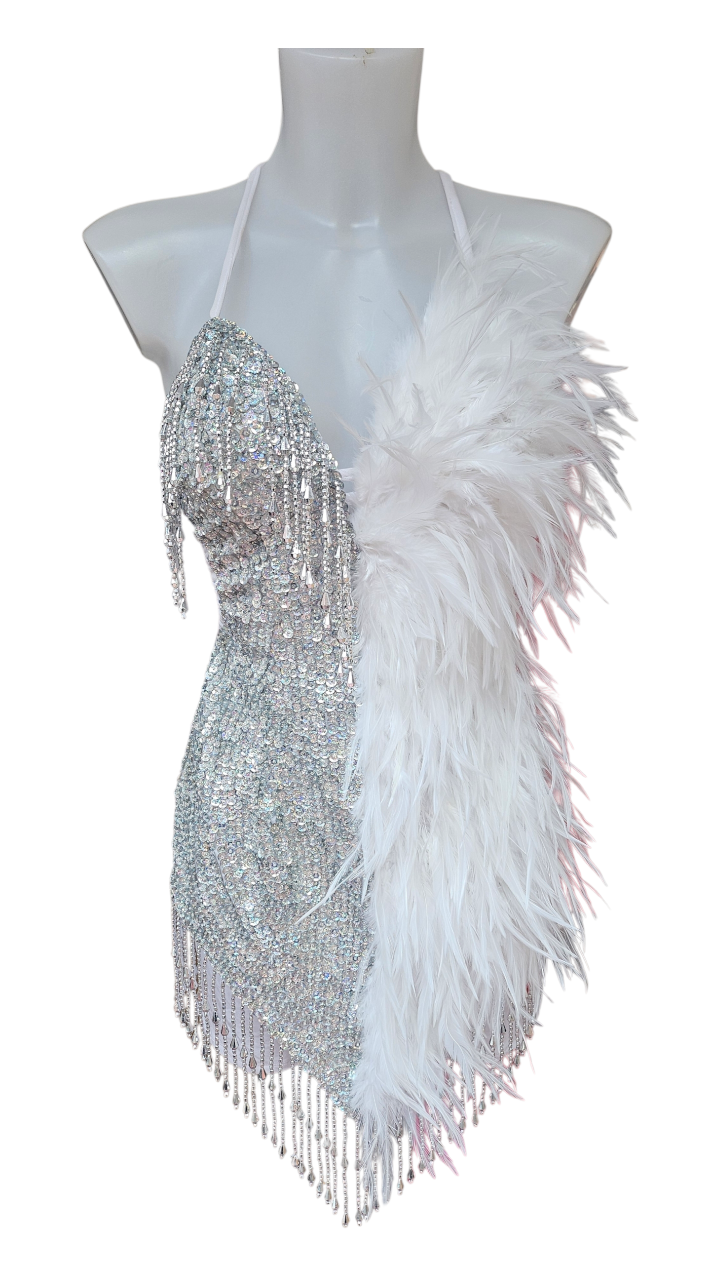 Handmade Silver & White Feather Sequin Party Dress