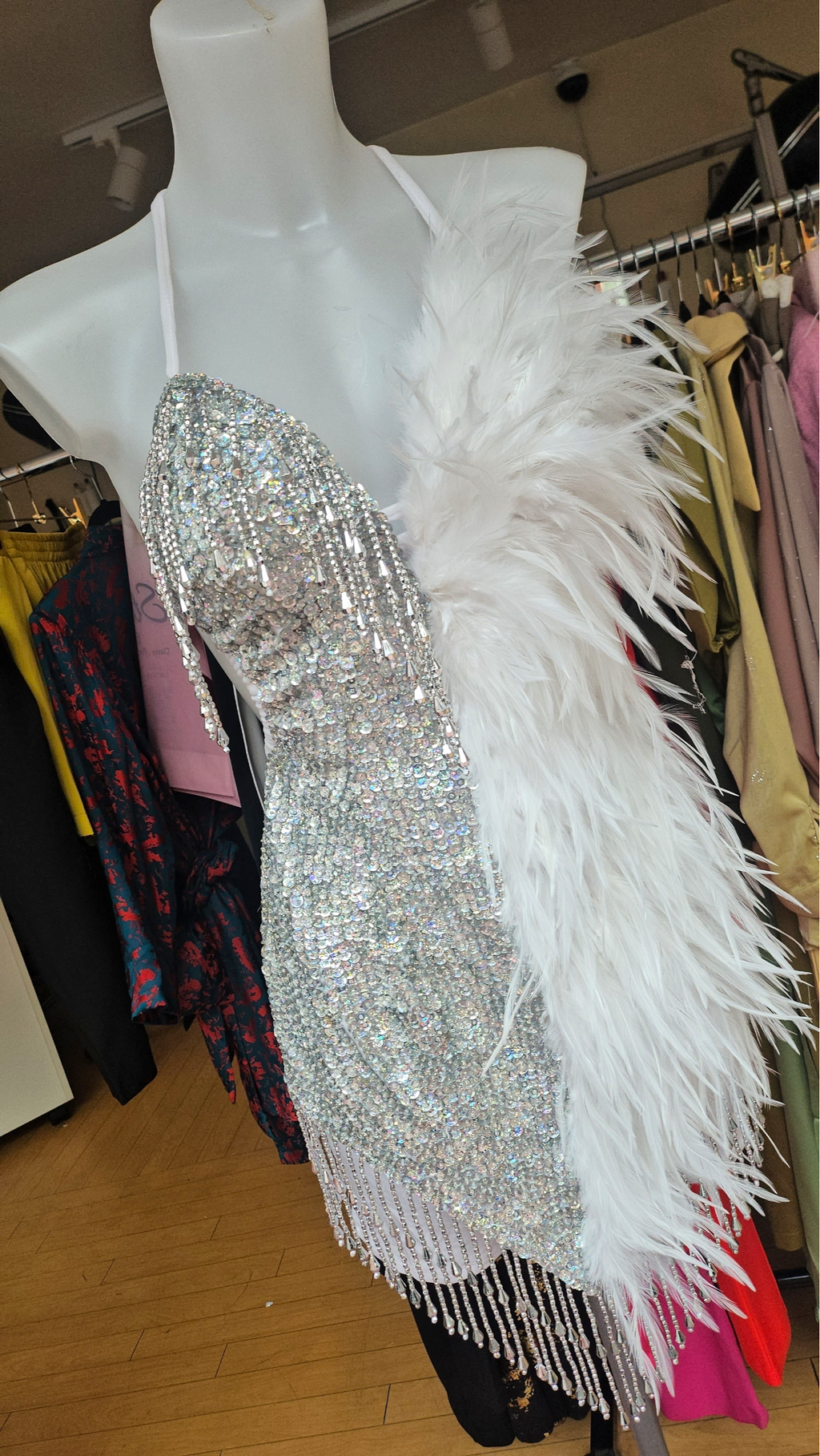 Handmade Silver & White Feather Sequin Party Dress