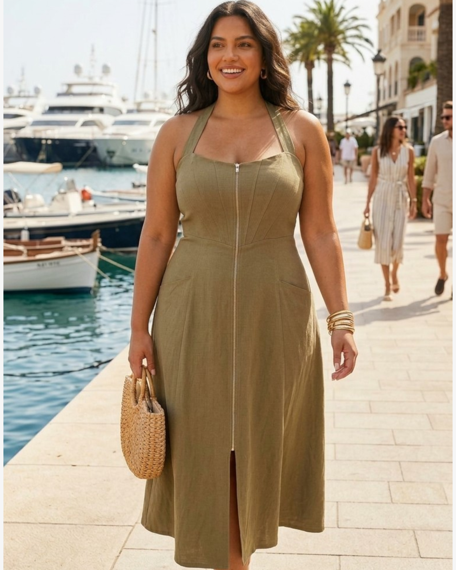 Khaki Halterneck Midi Dress