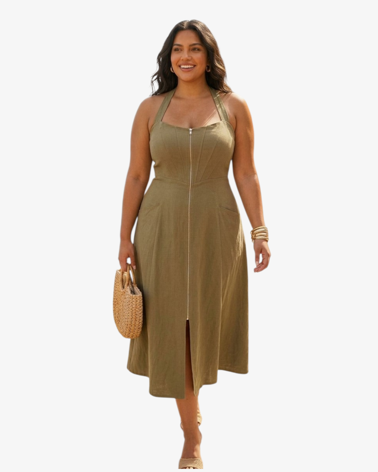 Khaki Halterneck Midi Dress