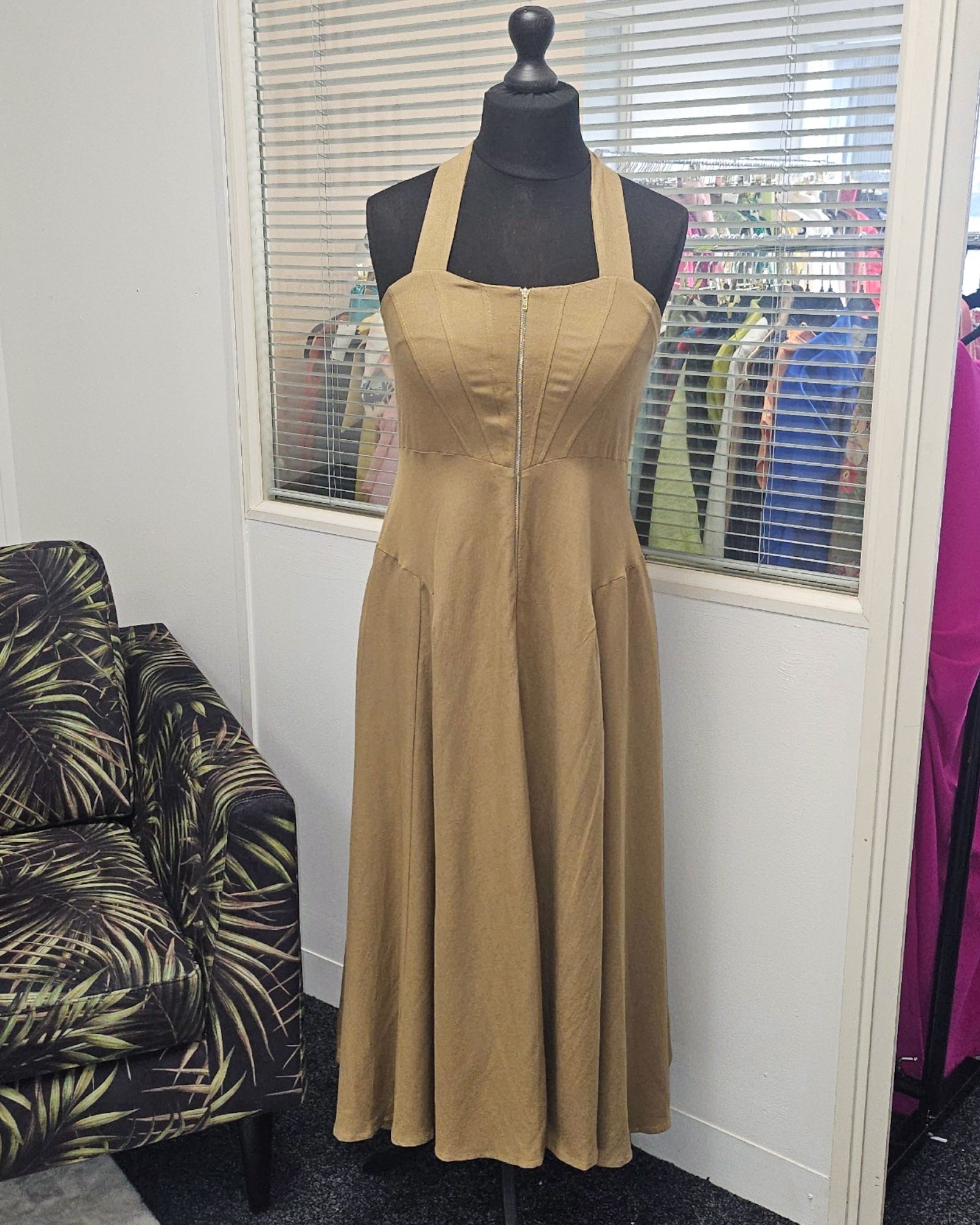 Khaki Halterneck Midi Dress