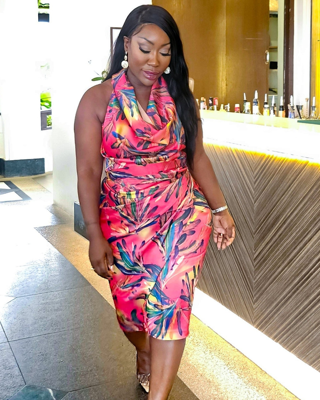 Tropical Print Satin Cowl Neck Top & Skirt Set