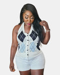Blue & White Argyle Halterneck Top