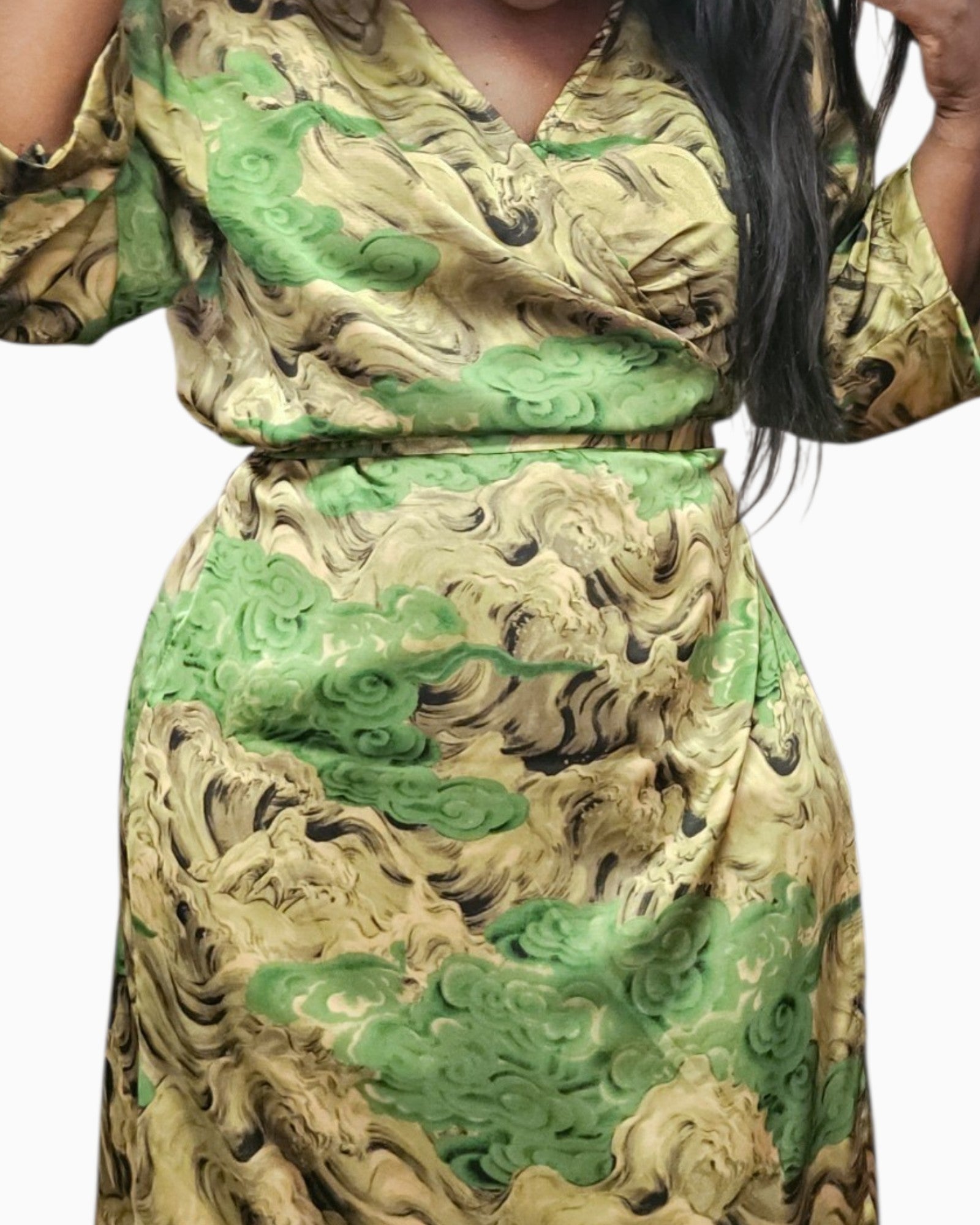 Green Marble Print Wrap Dress