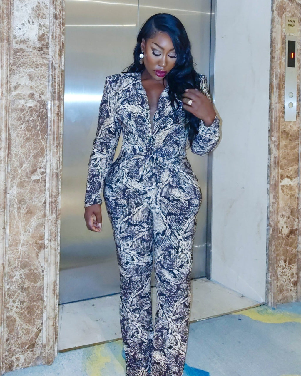 Snake Print Plunge Jumpsuit