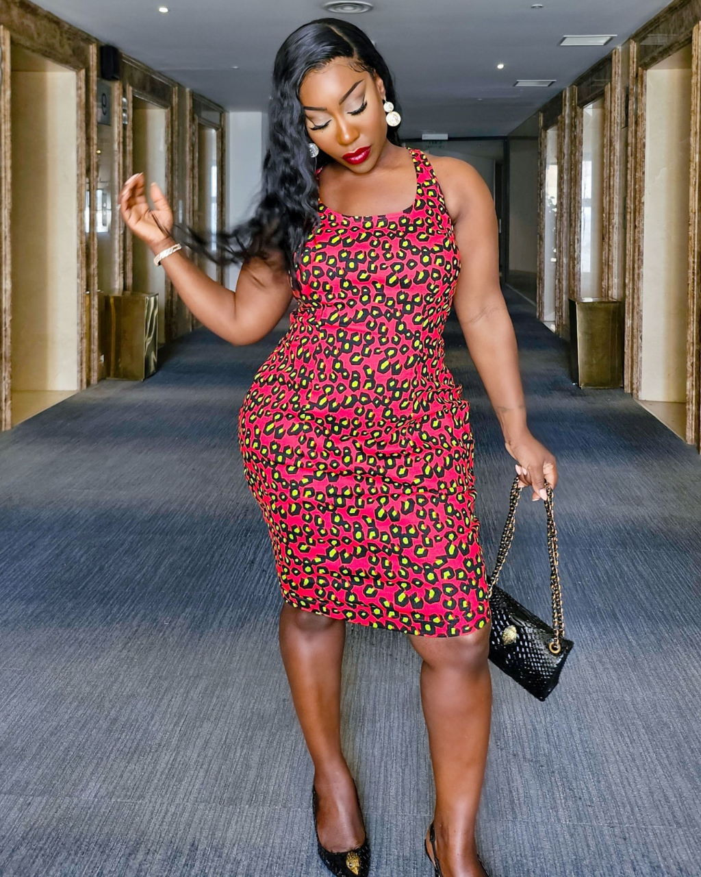 Custom Cut Red & Yellow Print Bodycon Dress