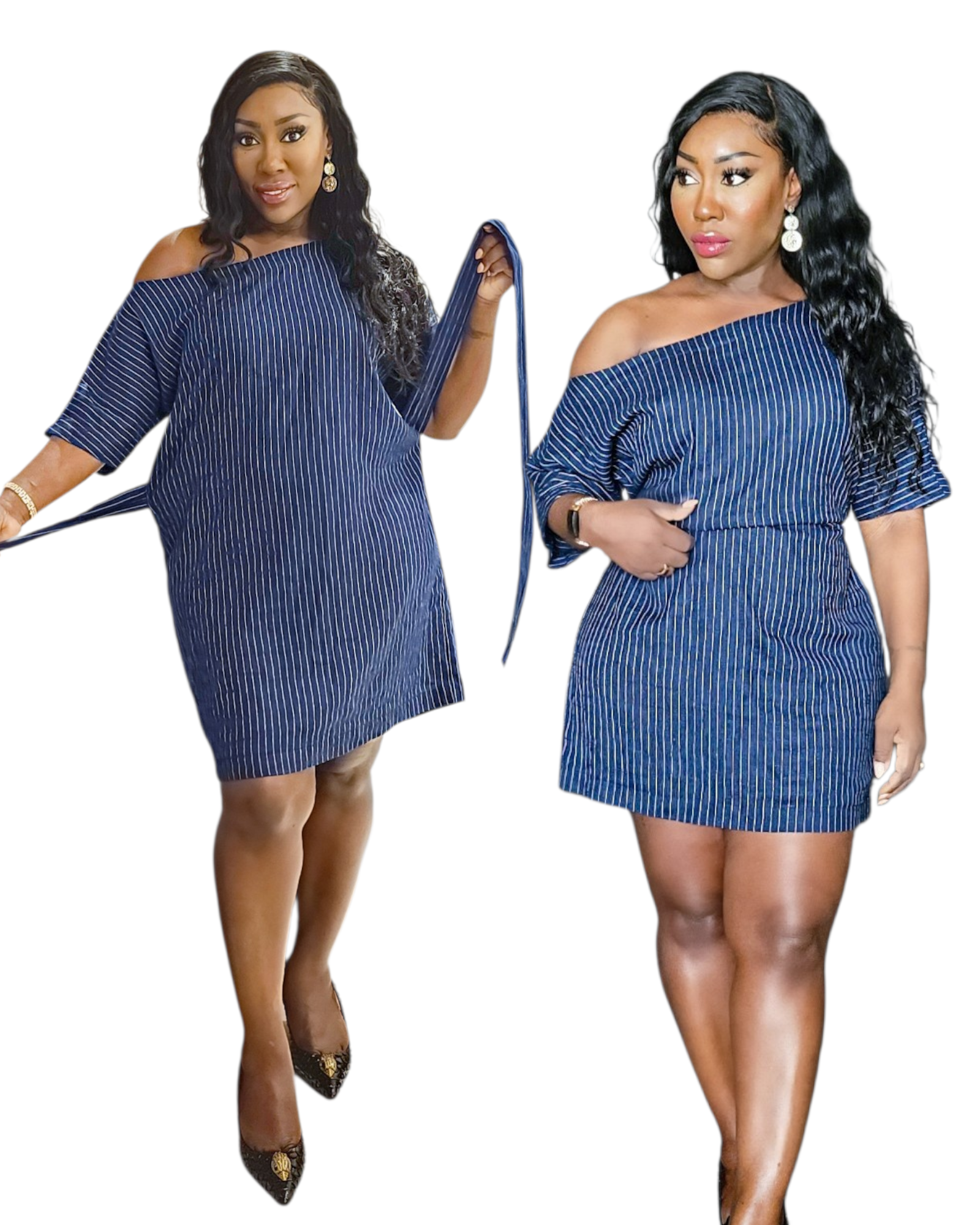 Blue Pinstripe Off The Shoulder Dress