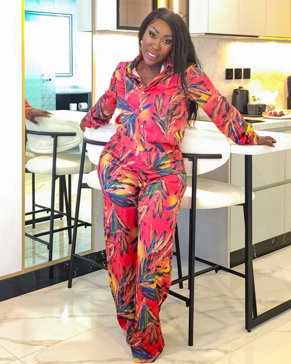 Tropical Print Satin Shirt & Trousers