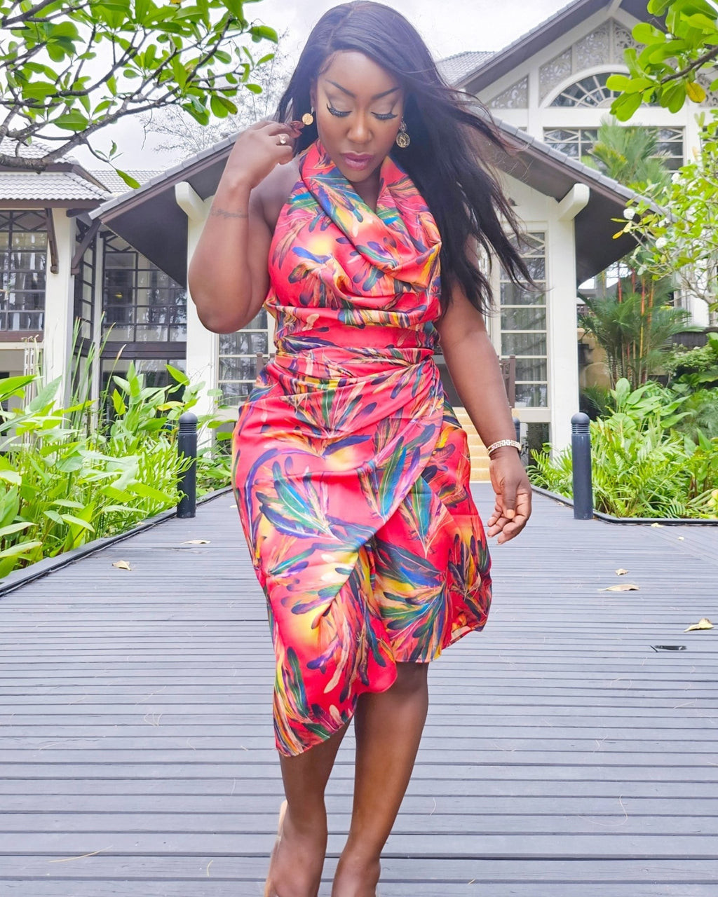 Tropical Print Satin Cowl Neck Top & Skirt Set