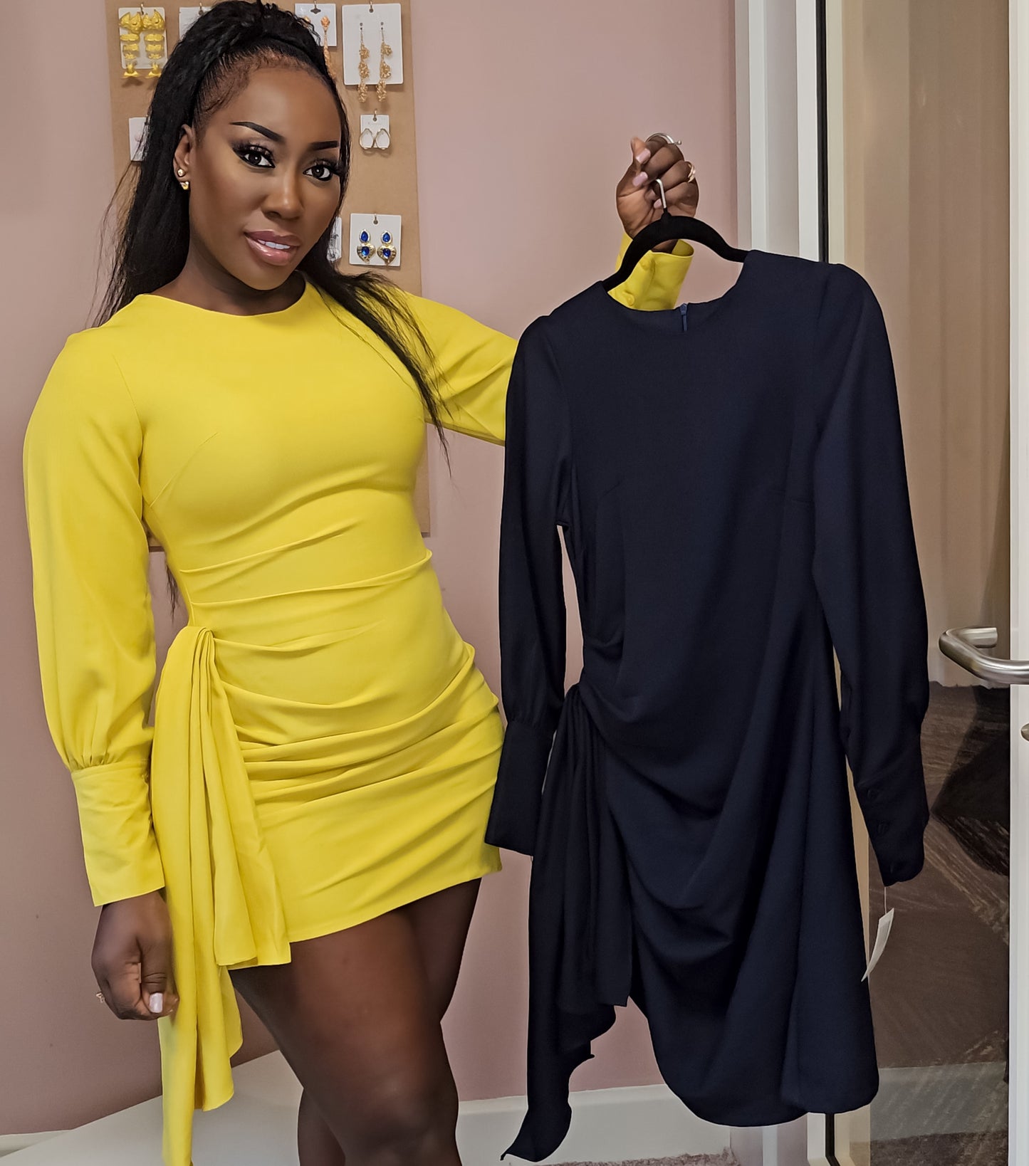Yellow Long Sleeve Ruched Dress