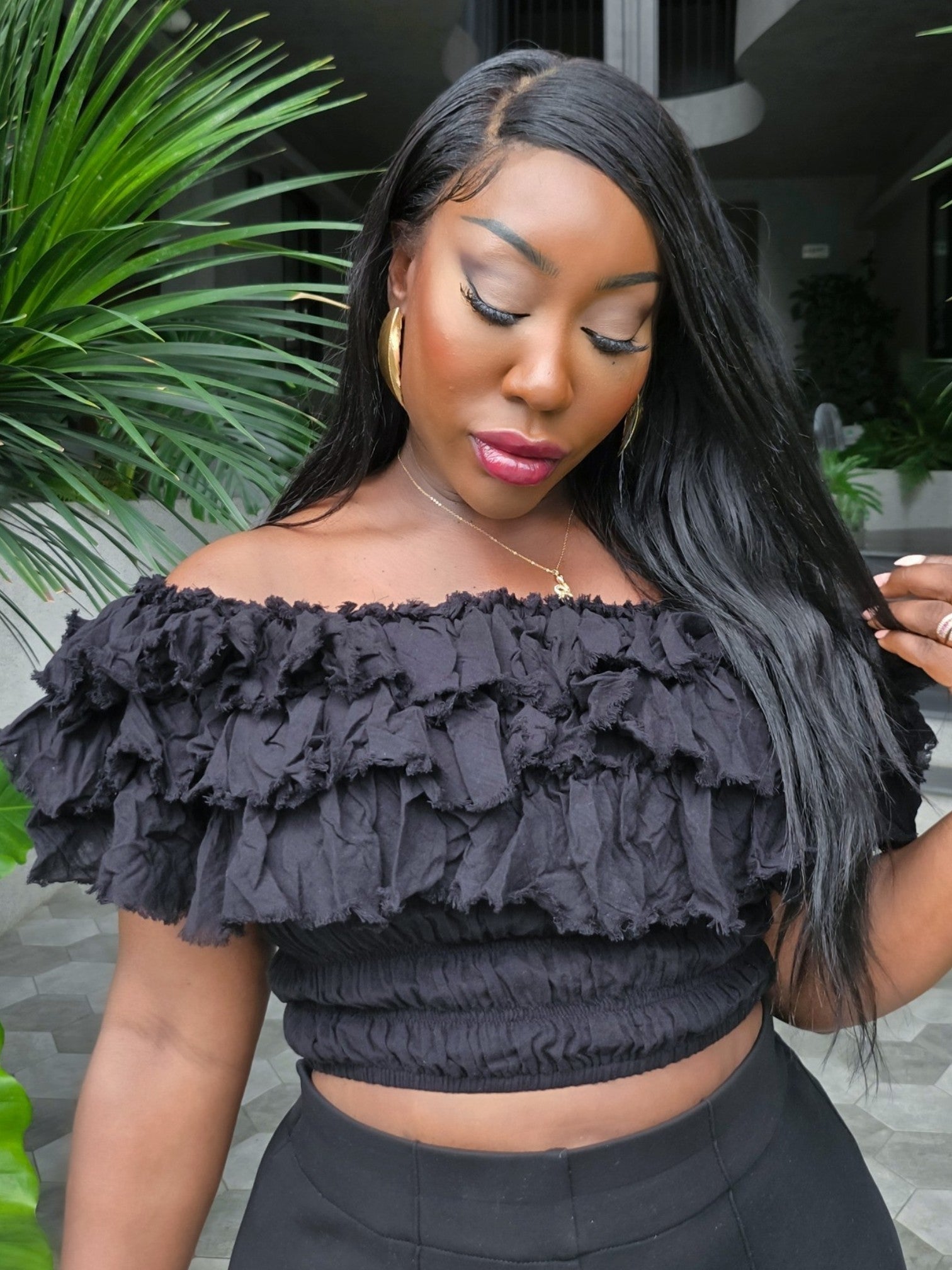 Black Off The Shoulder Ruffle Top