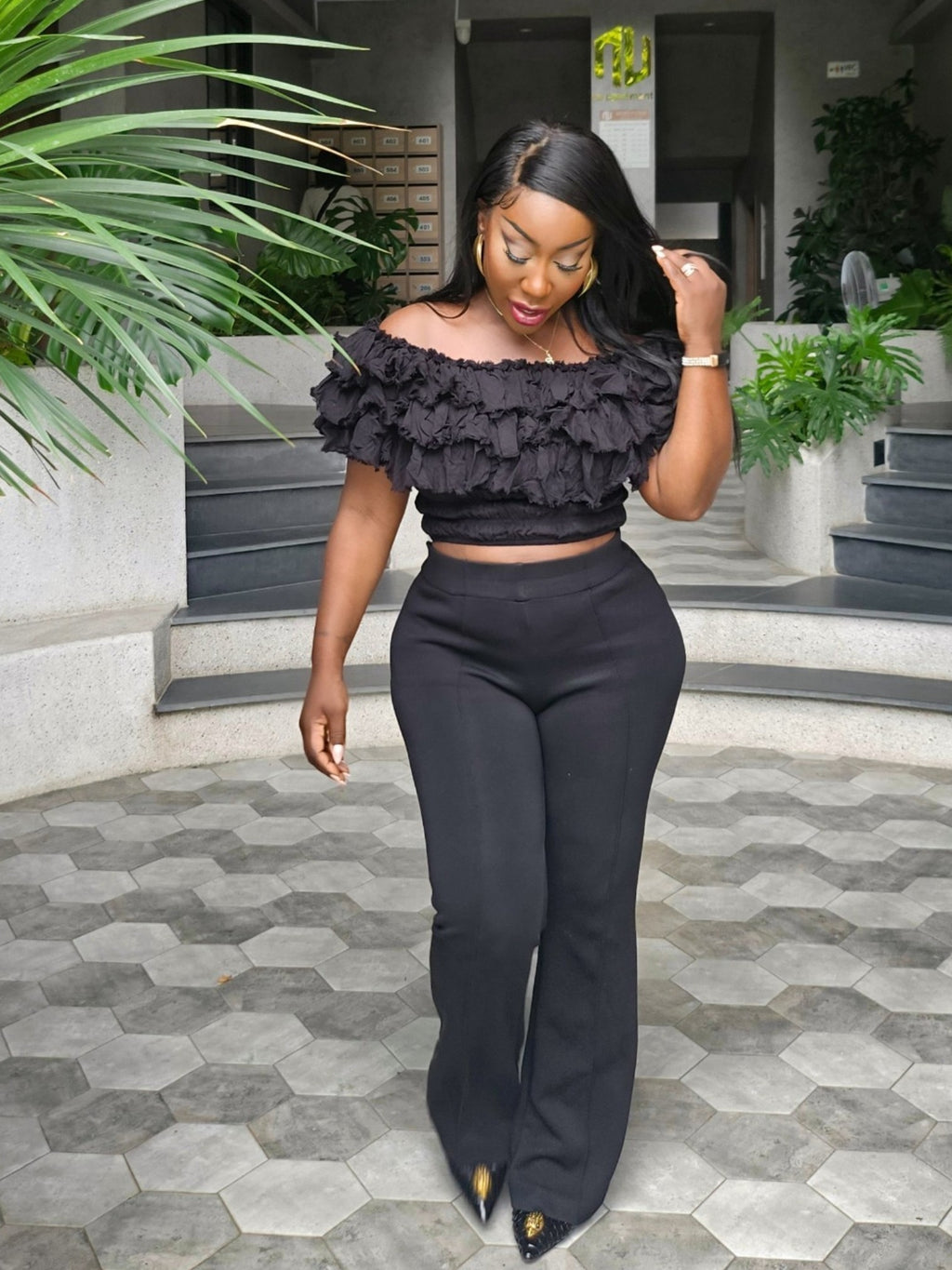 Black Off The Shoulder Ruffle Top