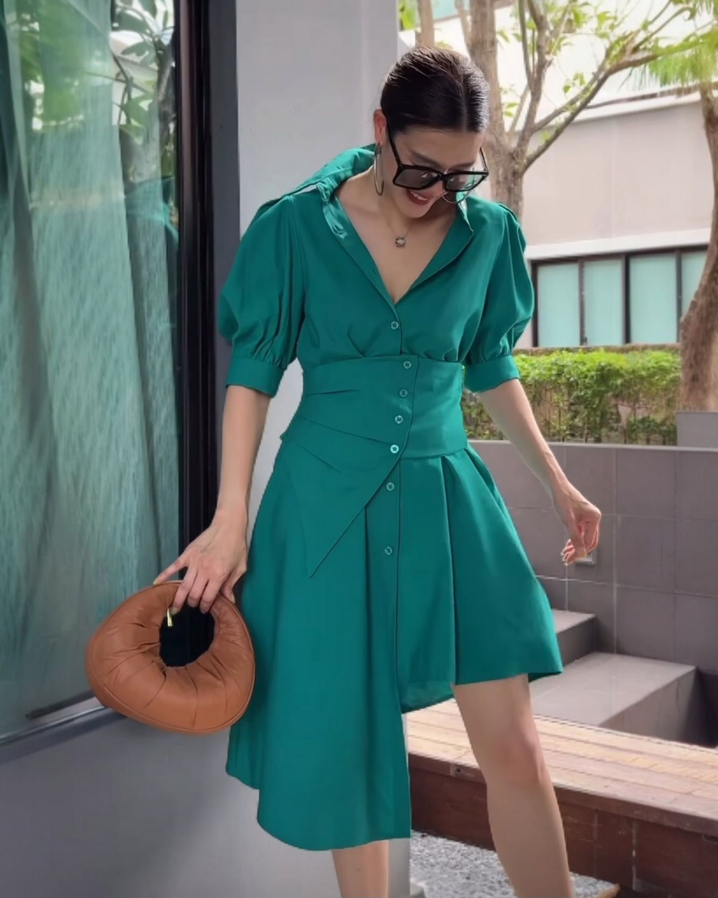 Asymmetrical Teal Shirt Dress