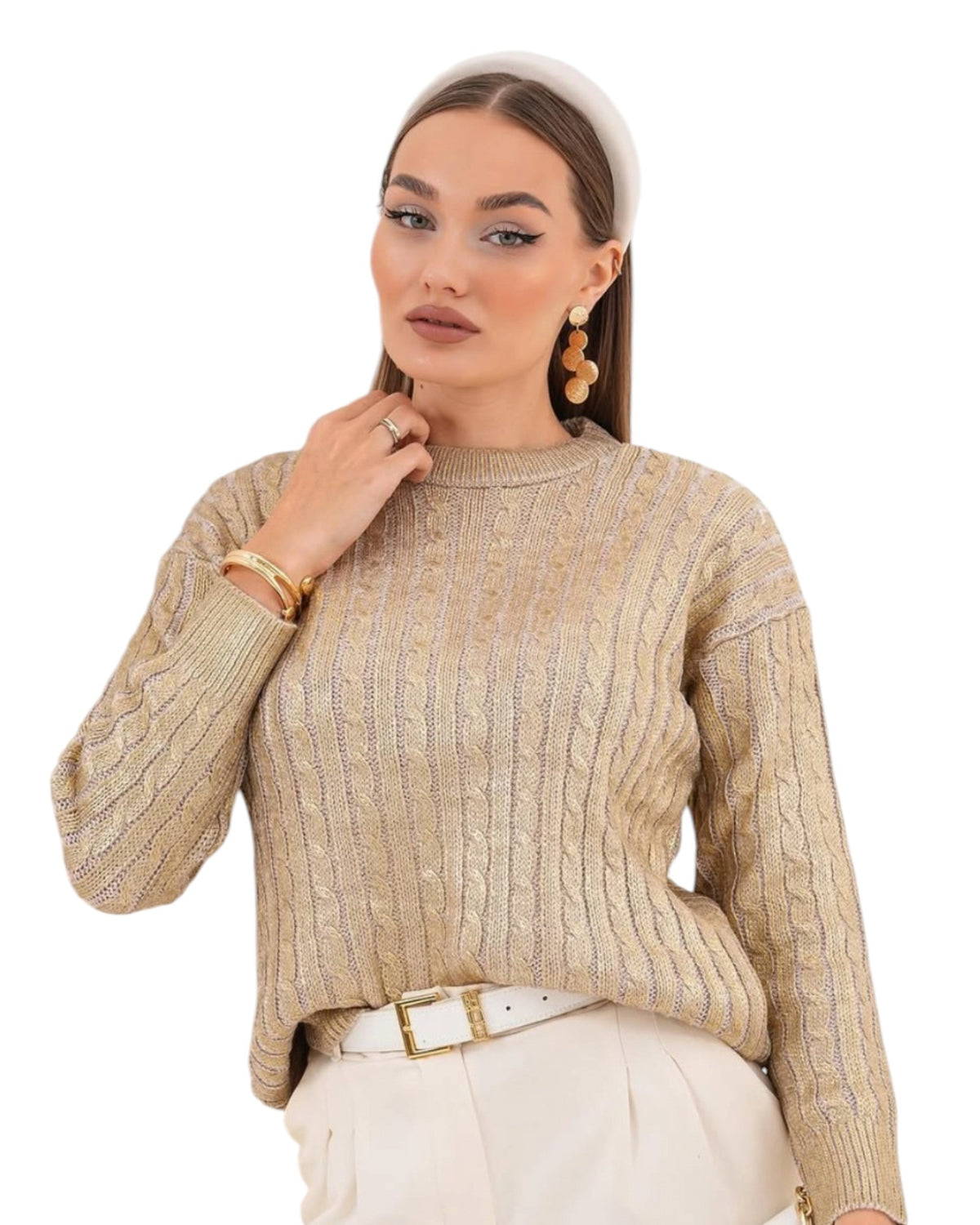 Round Neck Gold Cable Knit Sweater