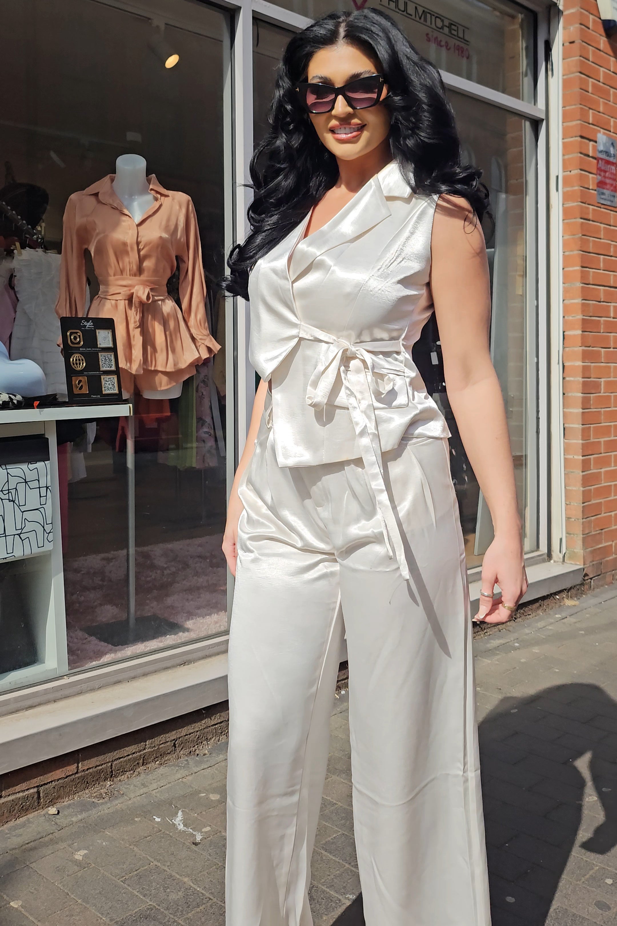 Ivory Satin 2 Piece Trouser Set