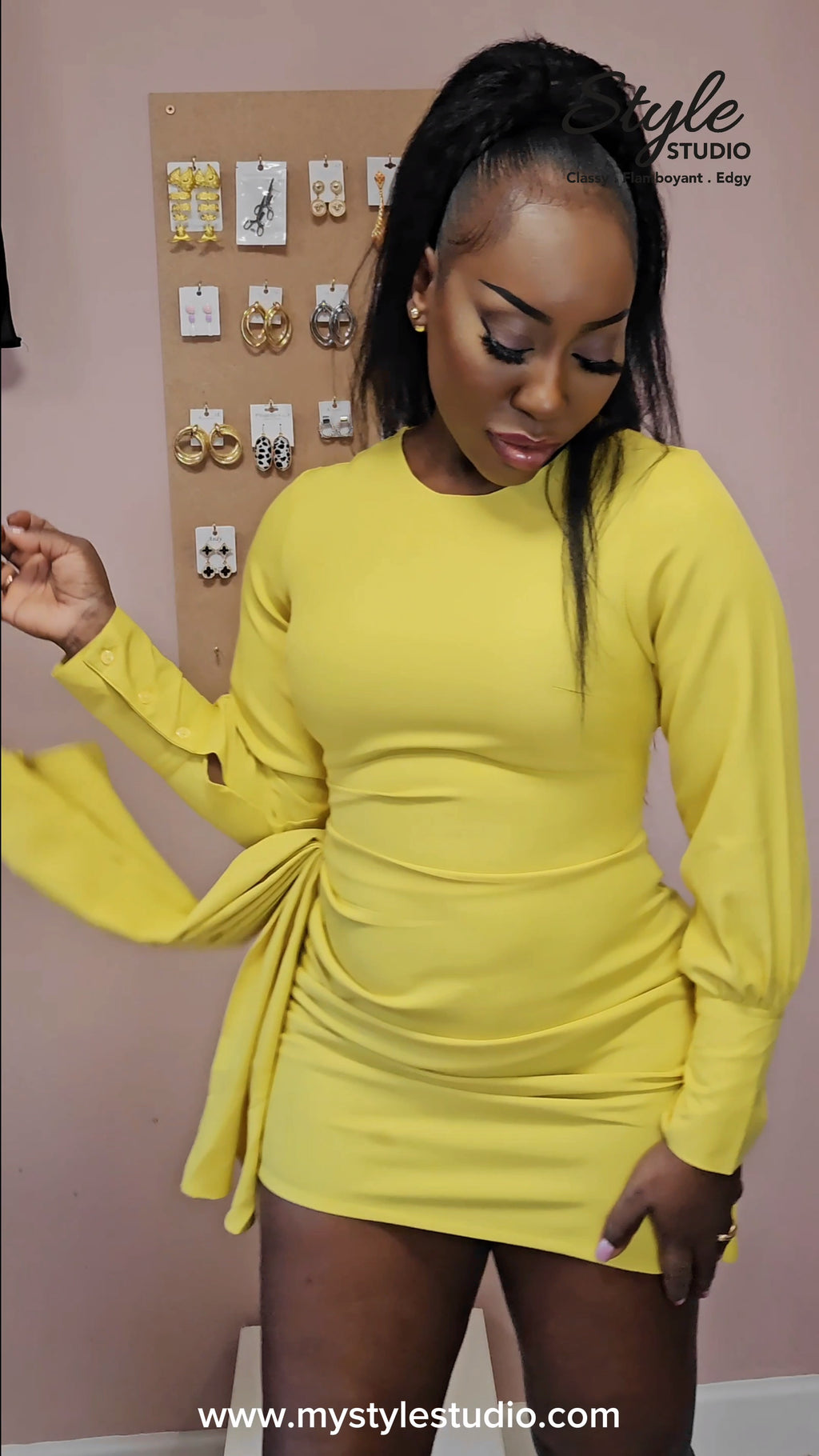 Yellow Long Sleeve Ruched Dress