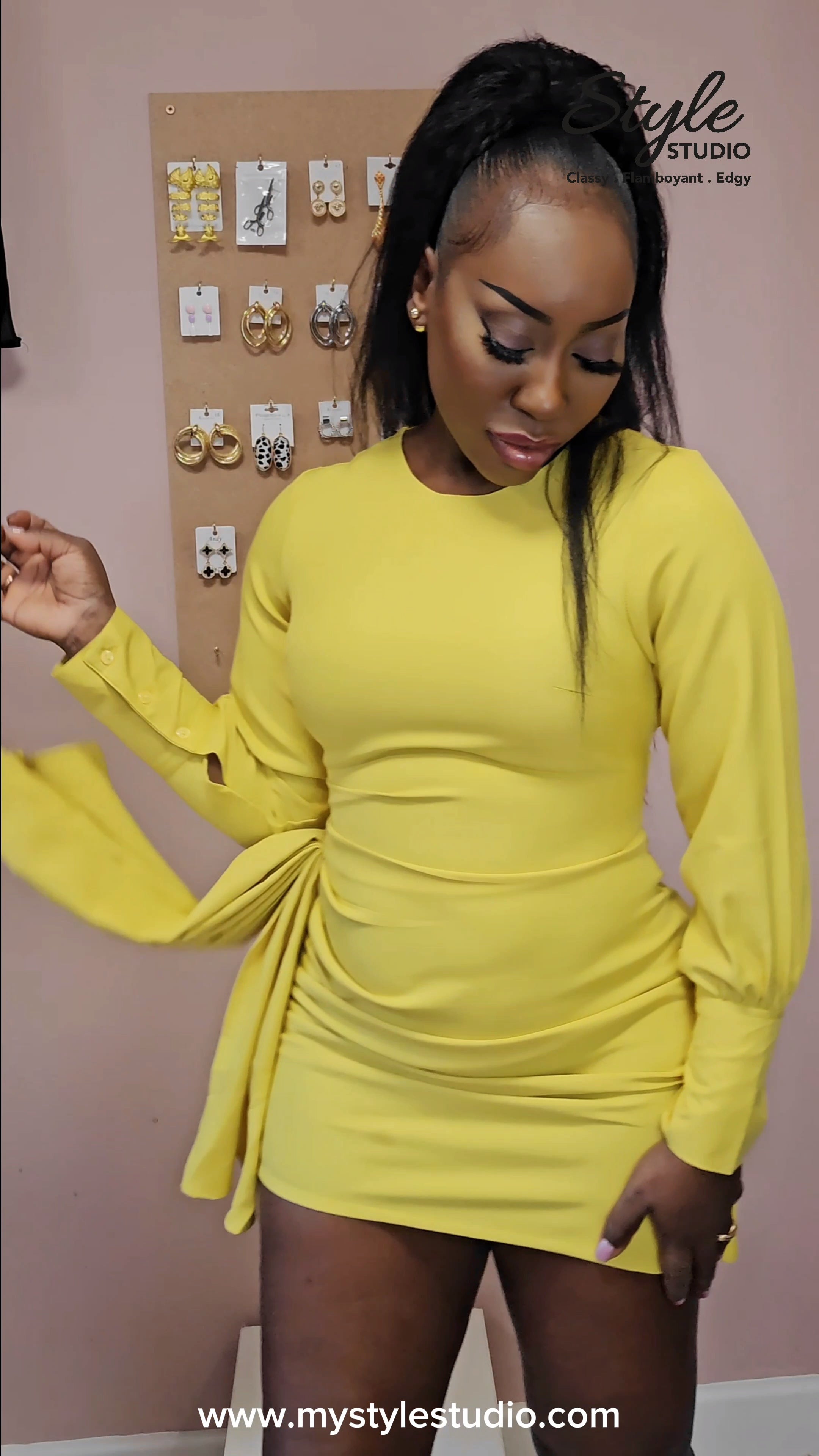 Yellow Long Sleeve Ruched Dress