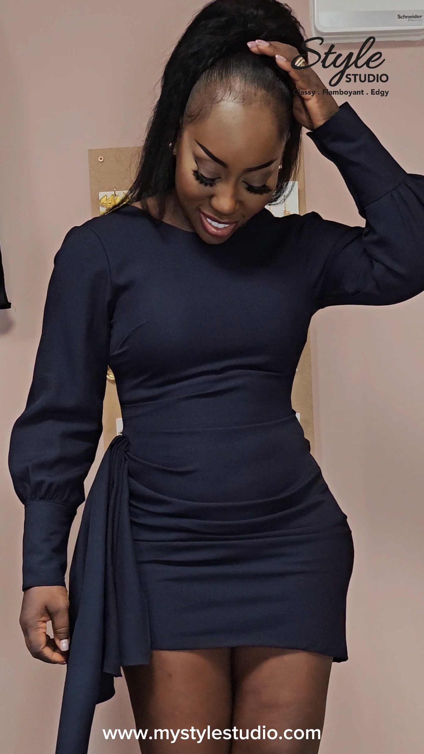 Navy Blue Long Sleeve Ruched Dress