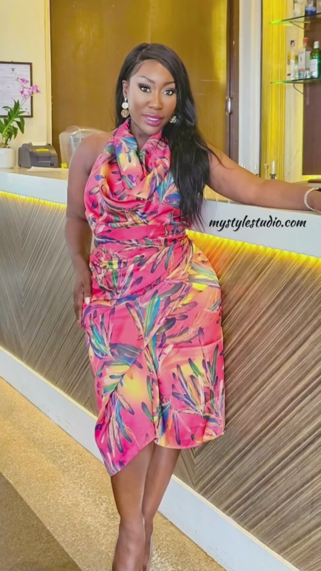 Tropical Print Satin Cowl Neck Top & Skirt Set