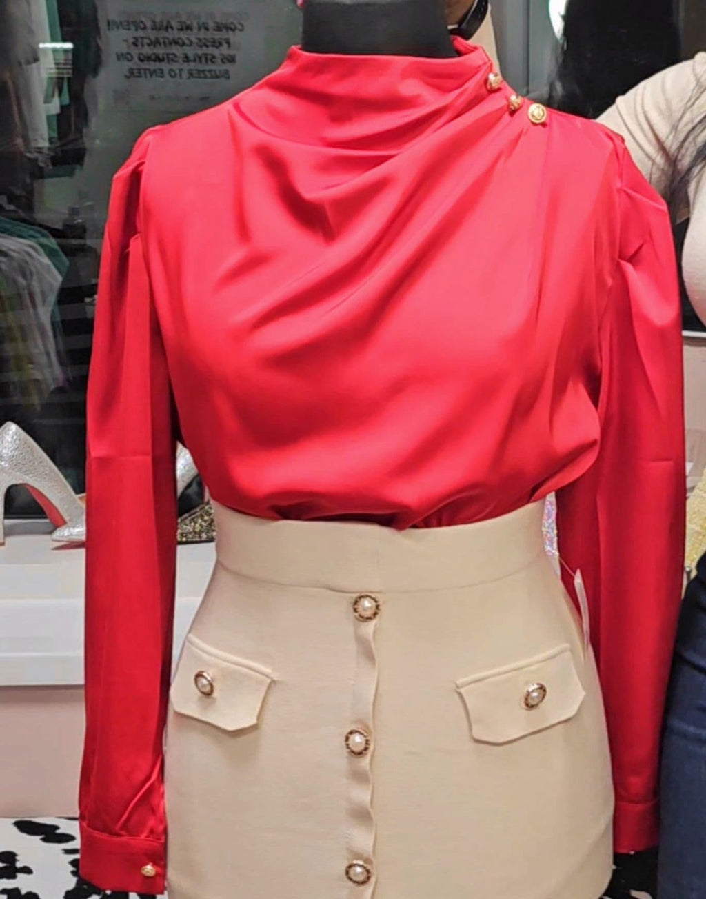 Draped Red Satin Blouse