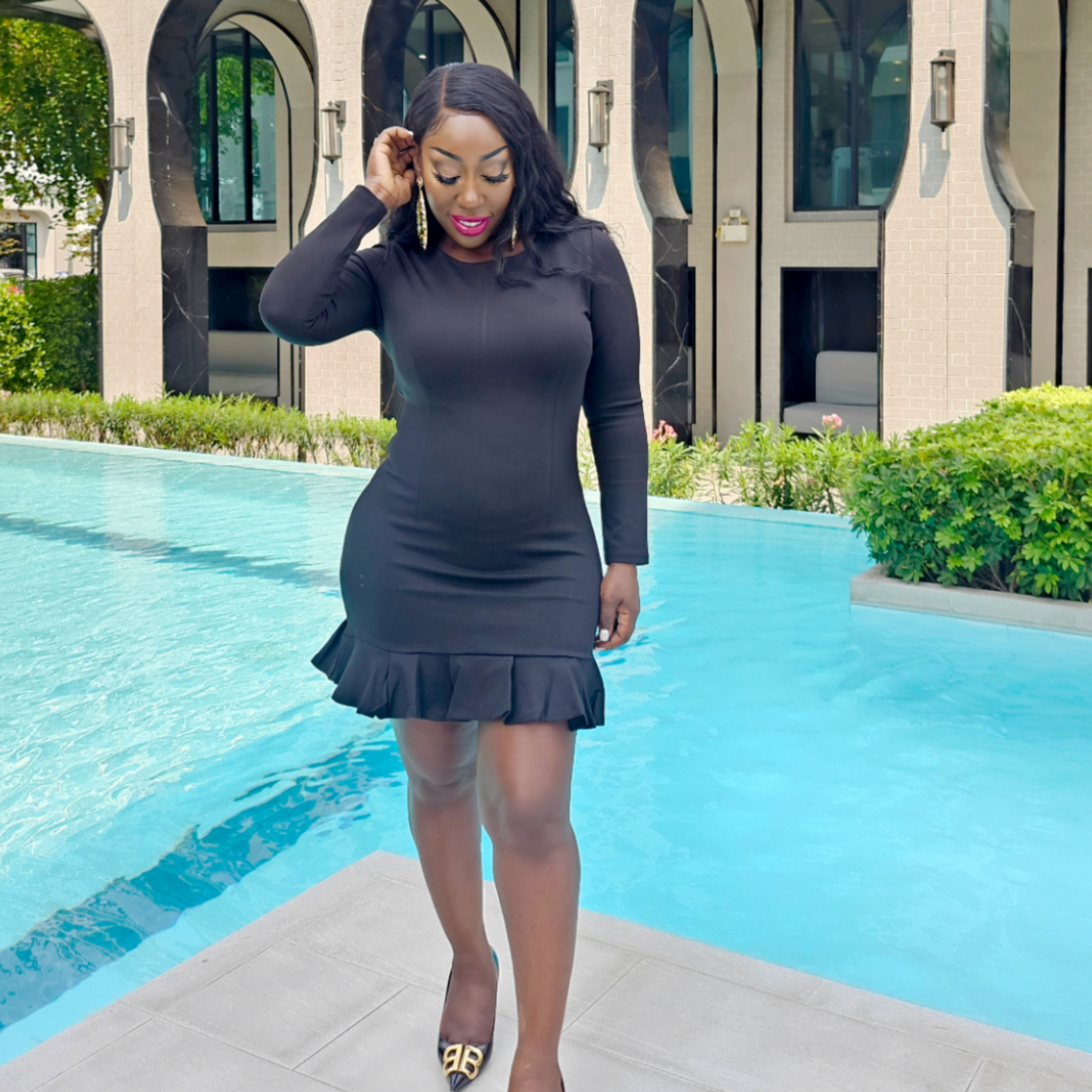 Fluted Hem Black Bodycon Dress